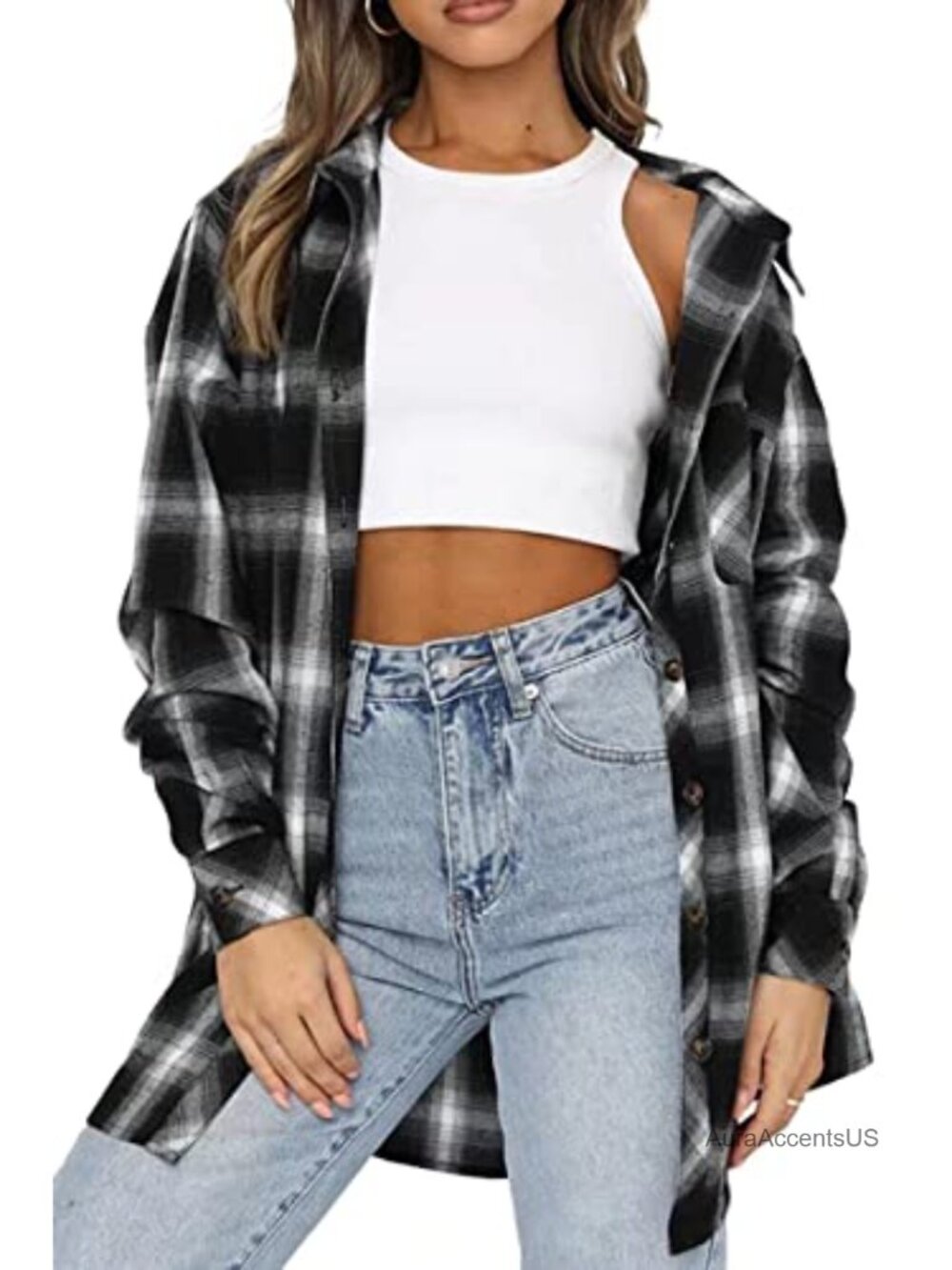 Women's Plaid Flannel Button Down Shirt Long Sleeve Casual Oversized Business